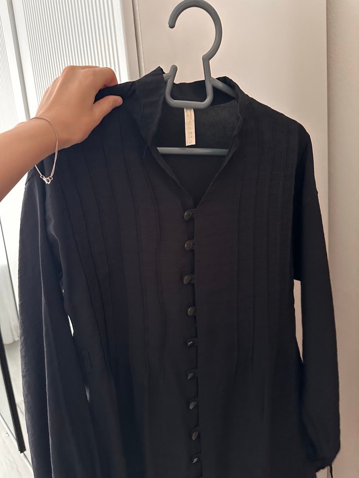 Düğmeli Siyah ikili takım Keten Gömlek - Görsel 2