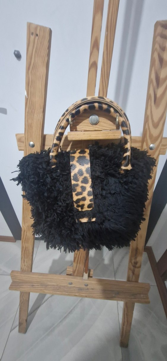 Kahverengi Leopar Desenli Kürklü Örgü Çanta - Görsel 2