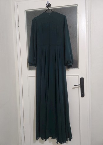 Yeşil Uzun Kollu Drapeli Uzun Abiye Elbise - Görsel 3