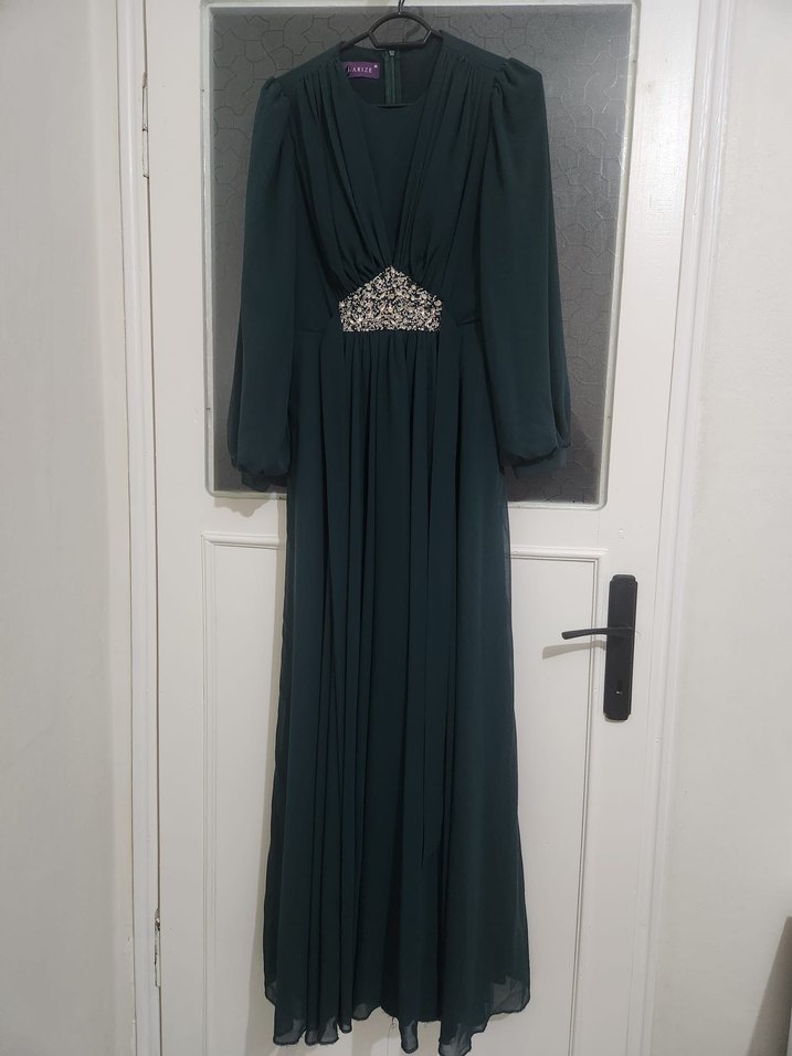 Yeşil Uzun Kollu Drapeli Uzun Abiye Elbise - Görsel 2