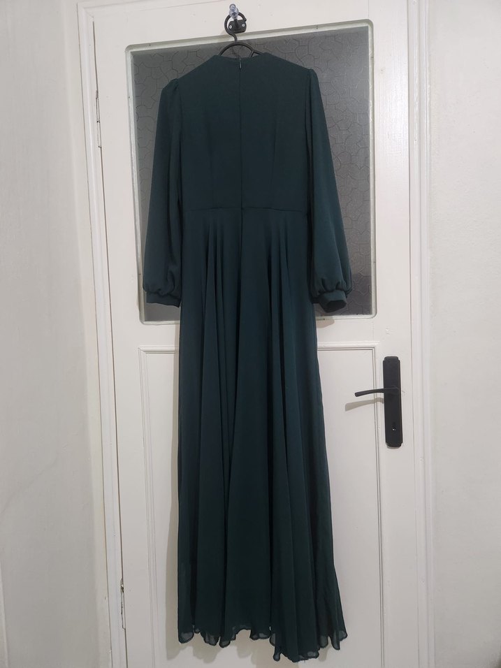 Yeşil Uzun Kollu Drapeli Uzun Abiye Elbise - Görsel 3