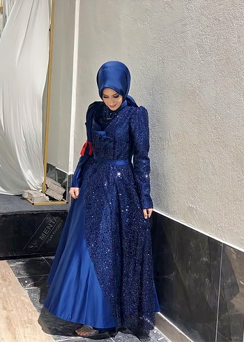 Mavi Parlak Uzun Kollu Drapeli Kadın Elbise - Görsel 2