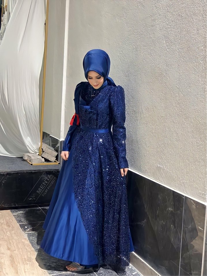 Mavi Parlak Uzun Kollu Drapeli Kadın Elbise - Görsel 2