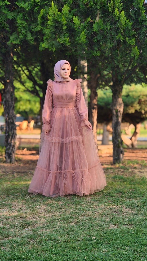 Uzun Kollu Pudra Pembe Bohem Etnik Kadın Elbise - Görsel 3