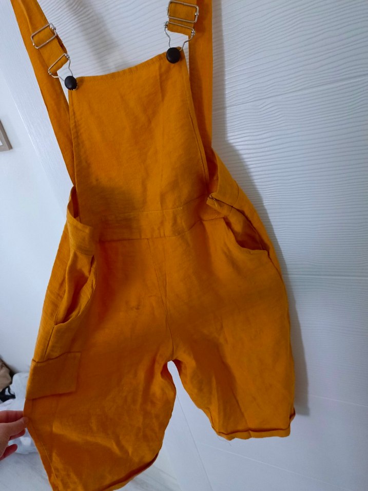 Sarı Keten Askılı Midi Kadın Tulum - Görsel 3