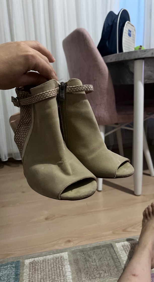 Topuklu Bej Süet Kadın Sandalet - Görsel 5