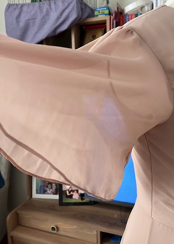 Bej V Yakalı Drapeli Uzun Abiye Elbise - Görsel 4