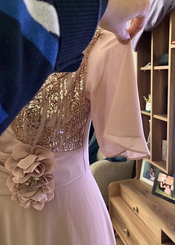 Bej V Yakalı Drapeli Uzun Abiye Elbise - Görsel 3