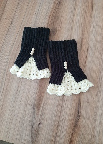 Siyah krem Örgü Gotik Kadın Eldiveni - Görsel 4