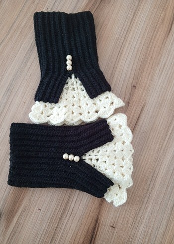 Siyah krem Örgü Gotik Kadın Eldiveni - Görsel 2