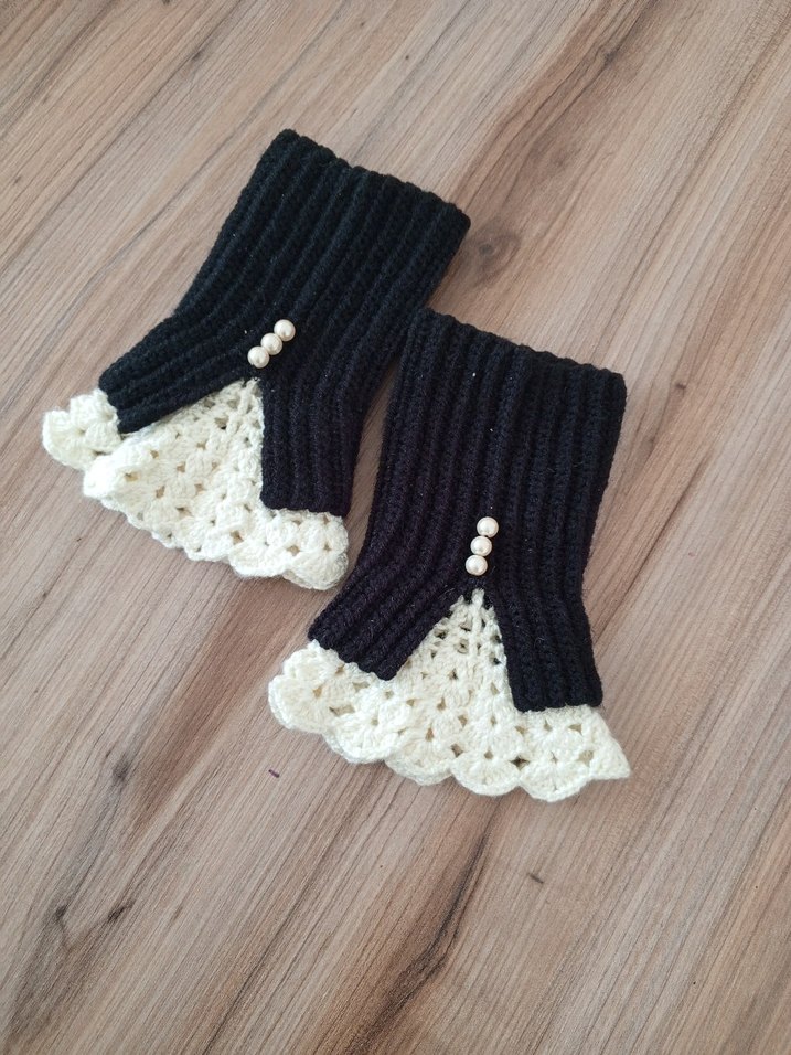 Siyah krem Örgü Gotik Kadın Eldiveni - Görsel 3