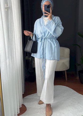 Mavi Bağcıklı Midi Keten Kimono