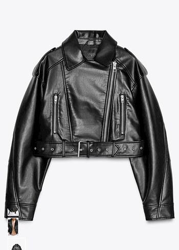 Kadın Siyah Deri Biker Ceket Kemerli zara crop