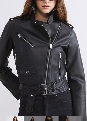 Siyah Kadın Kemerli Biker Deri Ceket - Görsel 2