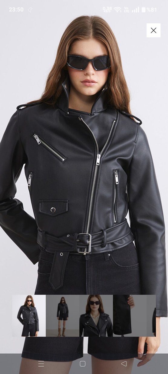 Siyah Kadın Kemerli Biker Deri Ceket - Görsel 2