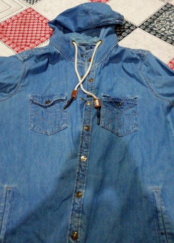 Kapüşonlu Düğmeli Mavi Denim Ceket
