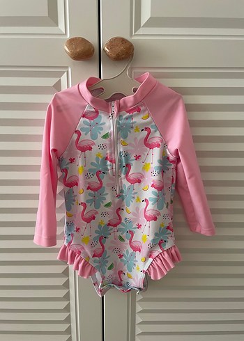 Kız Bebek Pembe Uzun Kollu Desenli Mayo ve Bone - Görsel 2