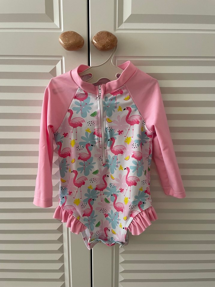 Kız Bebek Pembe Uzun Kollu Desenli Mayo ve Bone - Görsel 2