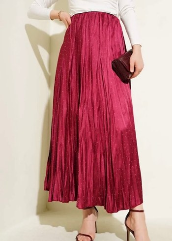 Bordo Pilili ve taşlı Uzun Etek - Görsel 2