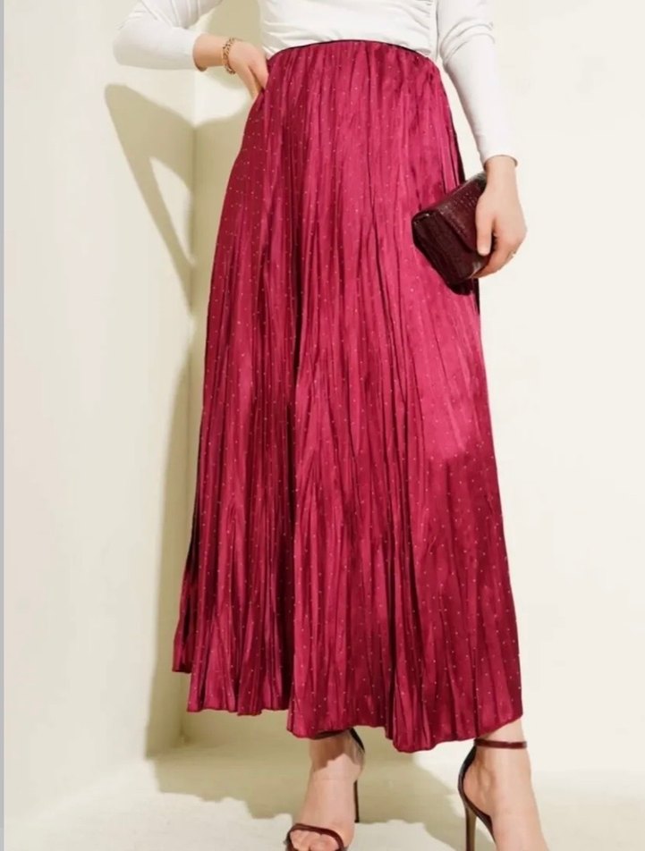 Bordo Pilili ve taşlı  Uzun Etek - Görsel 2