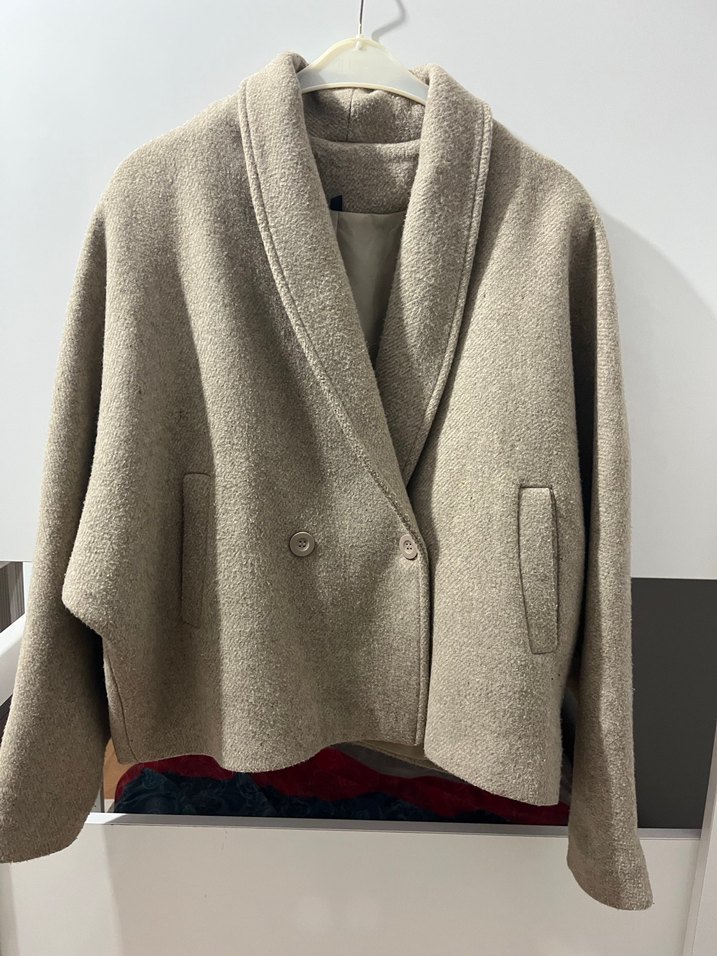 Bej Kadın Yün Düğmeli Midi Kaban - Görsel 2