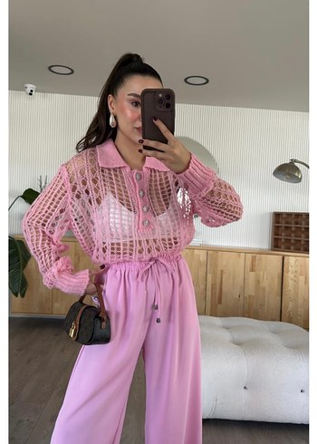 Dilvin Dantel Detaylı Pembe Bohem Kadın Triko