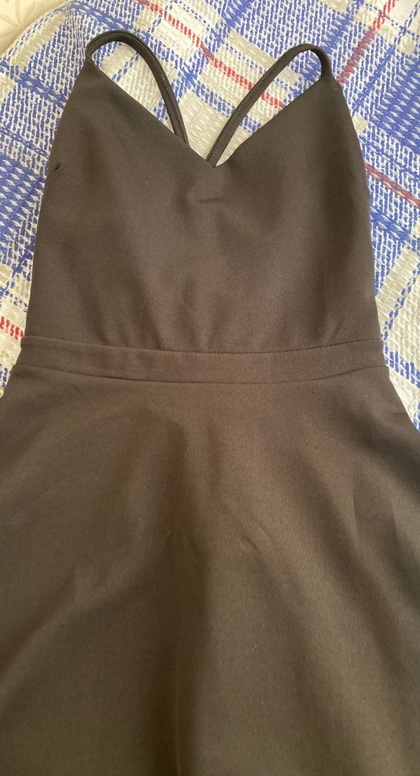 V Yaka Siyah Midi Strappy Mezuniyet Elbisesi - Görsel 2