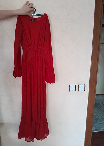 Zara Kırmızı Uzun Kollu Bohem Uzun Elbise