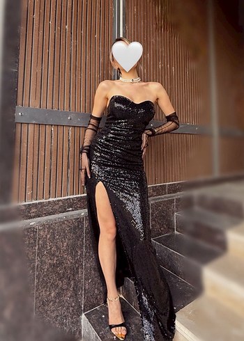 Siyah Payetli Yırtmaçlı Abiye Elbise - Görsel 3