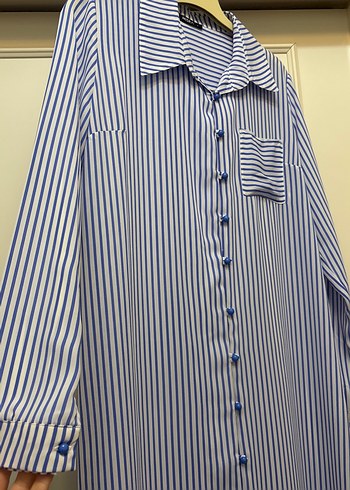 Mavi Çizgili Uzun Kollu Pamuklu Kadın Gömlek - Görsel 2