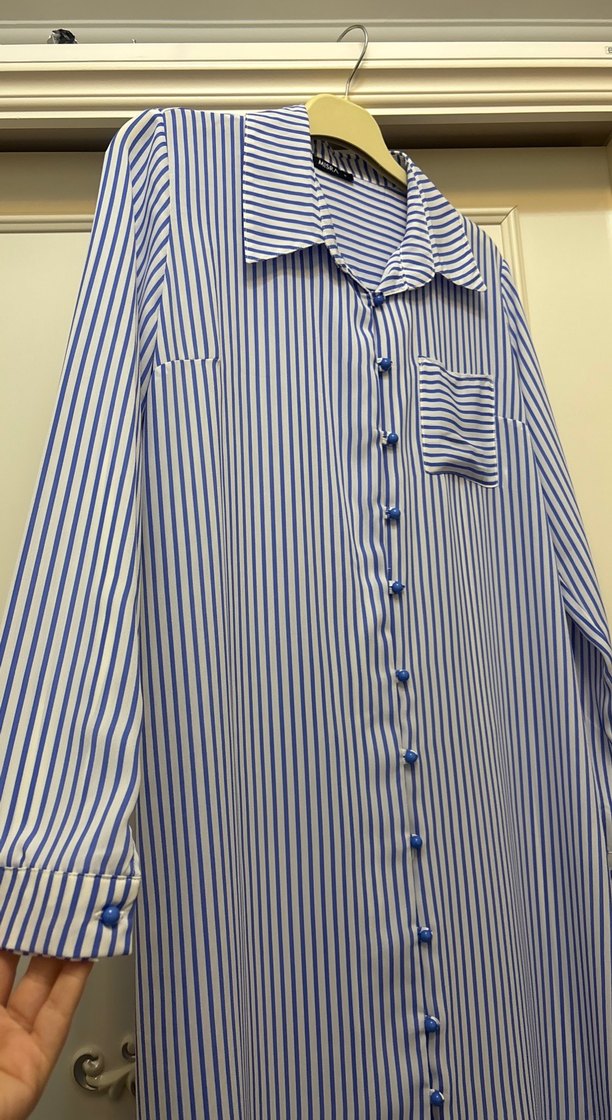 Mavi Çizgili Uzun Kollu Pamuklu Kadın Gömlek - Görsel 2