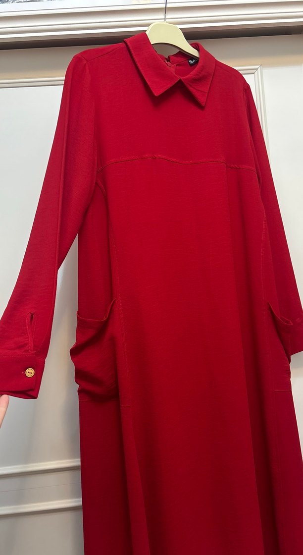 Kadın Kırmızı Uzun Kollu Uzun Elbise - Görsel 2