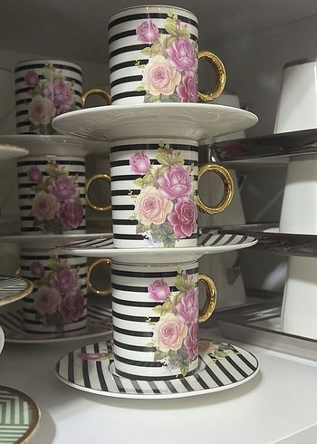 Pastel Pembe Çiçek Desenli 6'lı Kahve Fincan Seti - Görsel 4