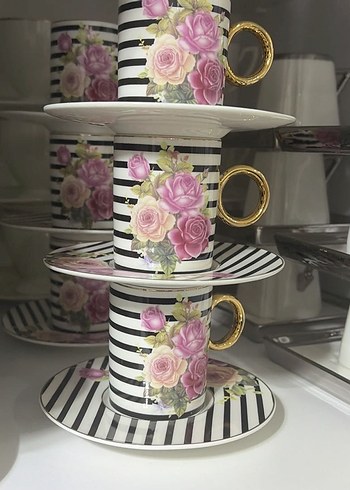 Pastel Pembe Çiçek Desenli 6'lı Kahve Fincan Seti - Görsel 2