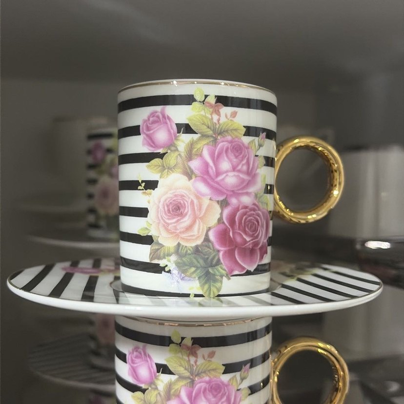 Pastel Pembe Çiçek Desenli 6'lı Kahve Fincan Seti - Görsel 5