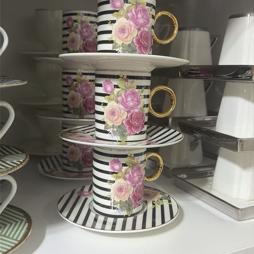 Pastel Pembe Çiçek Desenli 6'lı Kahve Fincan Seti - Görsel 2