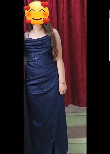 Straplez Lacivert Bağlamalı Uzun Abiye Elbise - Görsel 3