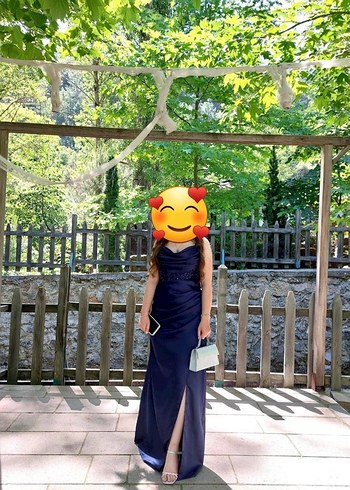 Straplez Lacivert Bağlamalı Uzun Abiye Elbise - Görsel 2