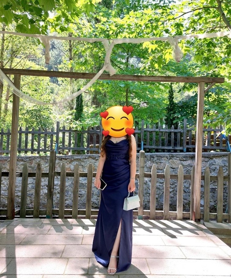 Straplez Lacivert Bağlamalı Uzun Abiye Elbise - Görsel 2