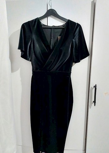 Siyah V Yaka Drapeli Midi Elbise - Görsel 2