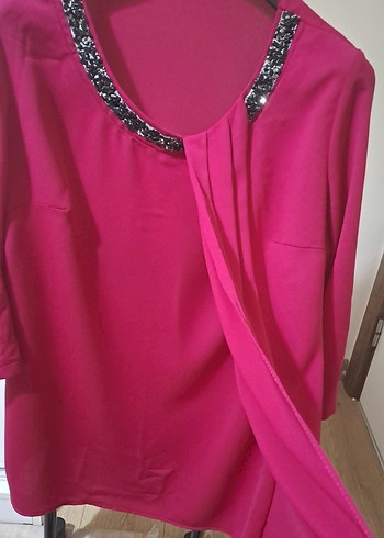 Pembe V Yakalı Uzun Kollu Salaş Bluz - Görsel 3