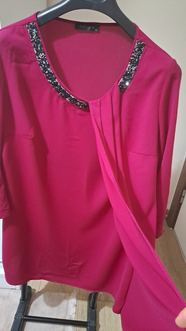 Pembe V Yakalı Uzun Kollu Salaş Bluz - Görsel 3