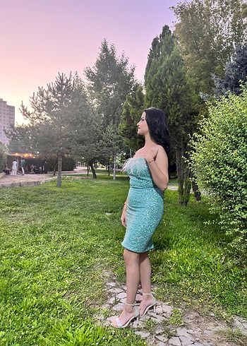 Abiye Turkuaz Dantelli Straplez Midi Abiye