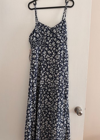 Zara Zara Çiçekli Lacivert Midi Elbise