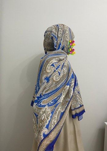 Mavi Gri Desenli Saten Bohem Kadın Şal