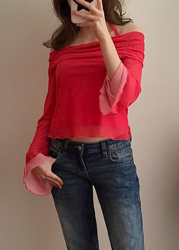 Drapeli Koyu Pembe Straplez Uzun Kollu Bluz