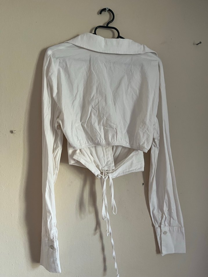 Düğmeli Beyaz Keten Kadın Gömlek - Görsel 2