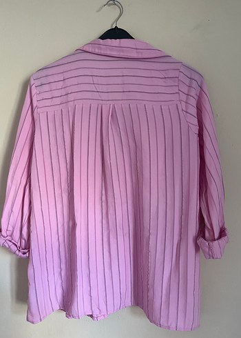 Pembe Düğmeli çizgili Uzun Kollu Kadın Gömlek - Görsel 2