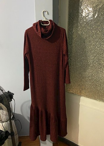 Bordo Uzun Triko Elbise Yüksek Yaka