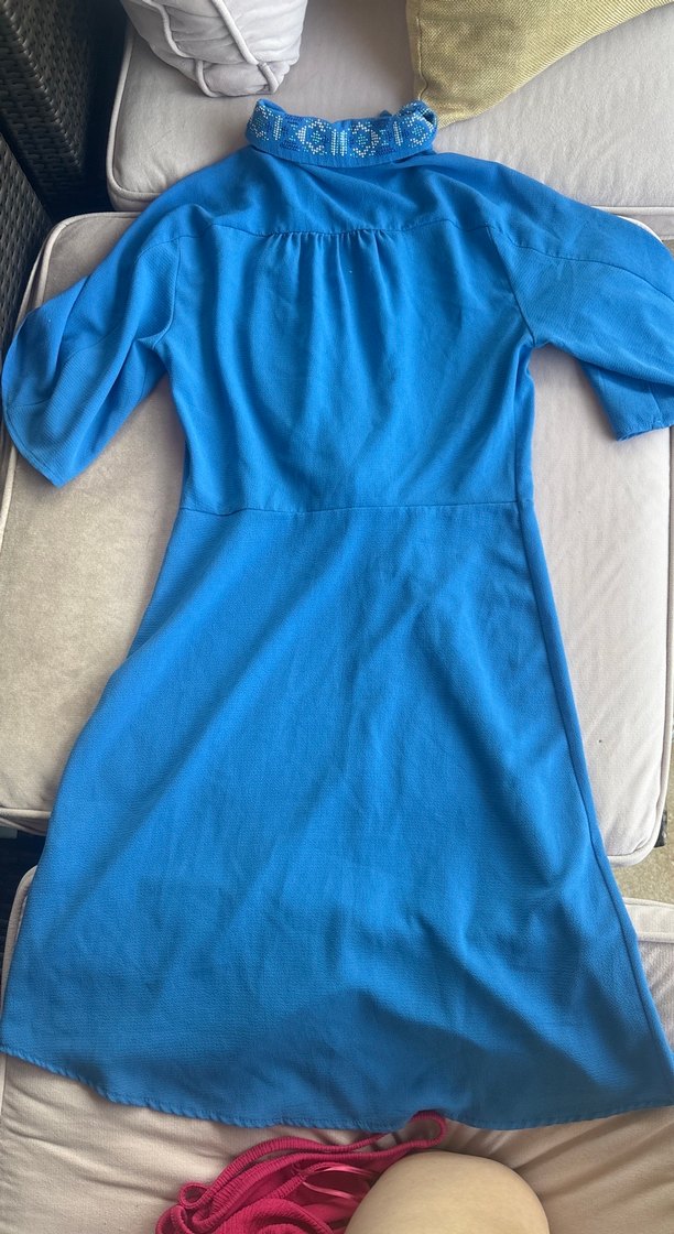 Mavi Kısa Kollu Hamile Midi Elbise - Görsel 2